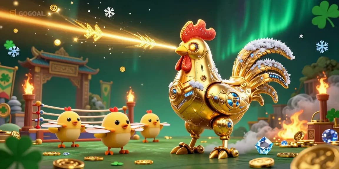 Engage in vibrant gaming with LGOGOAL as golden rooster robot leads baby chicks in a lively casino scene.