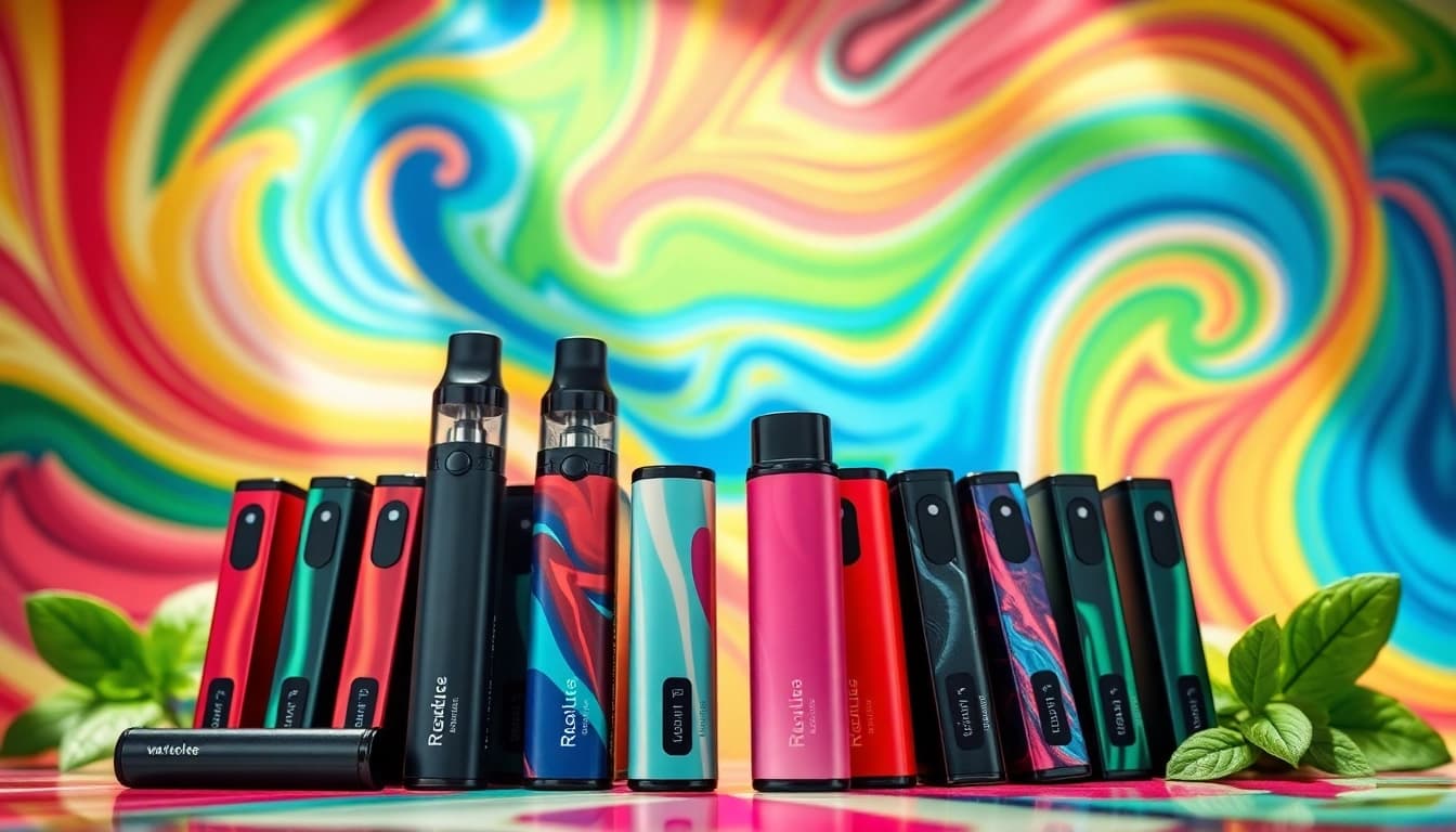 Showcasing funky republic disposable vapes with vibrant designs against a colorful backdrop.