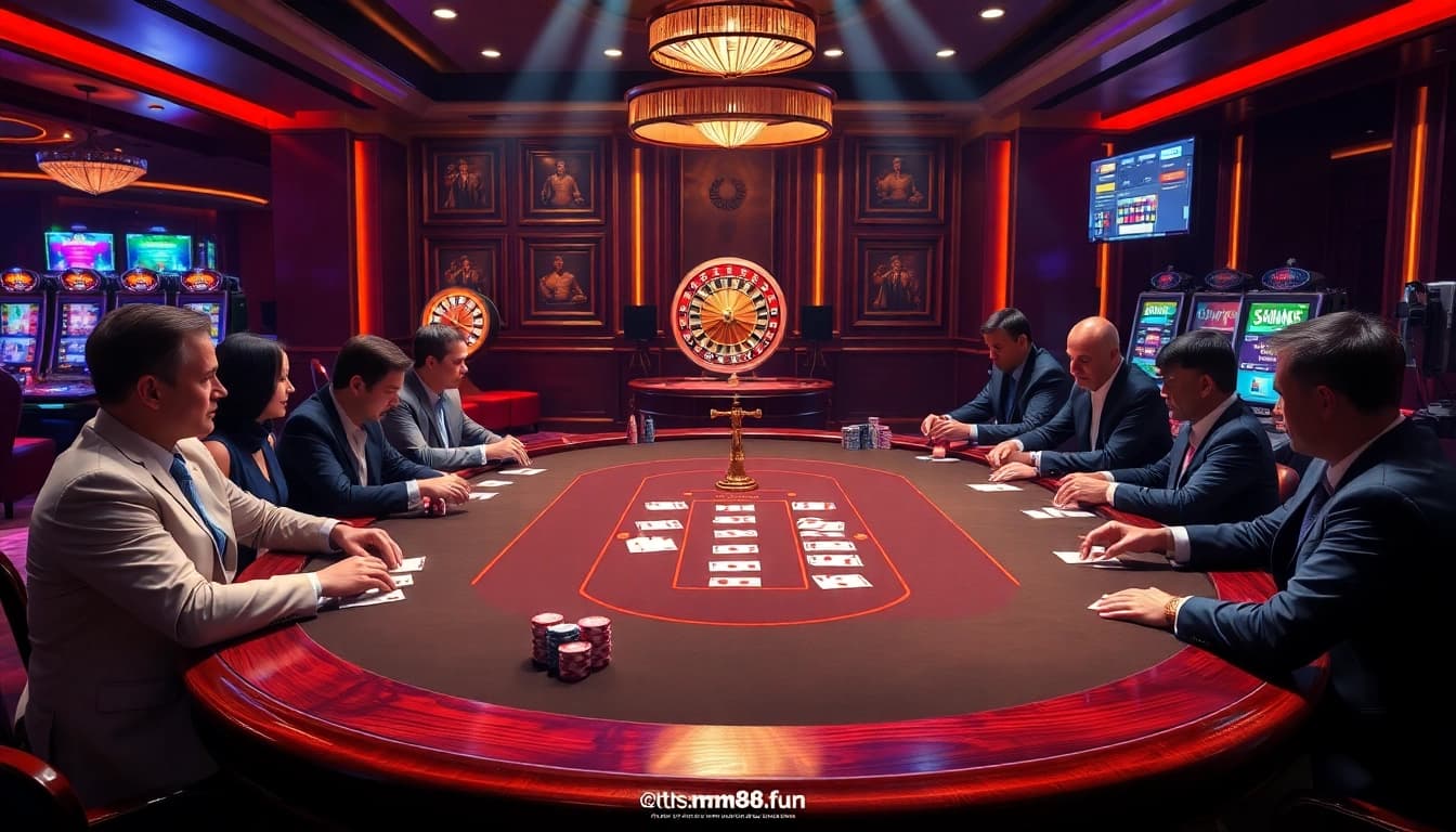 Engaged players at a poker table showcasing the excitement of gambling on https://mm88.fun/ with vibrant casino elements.