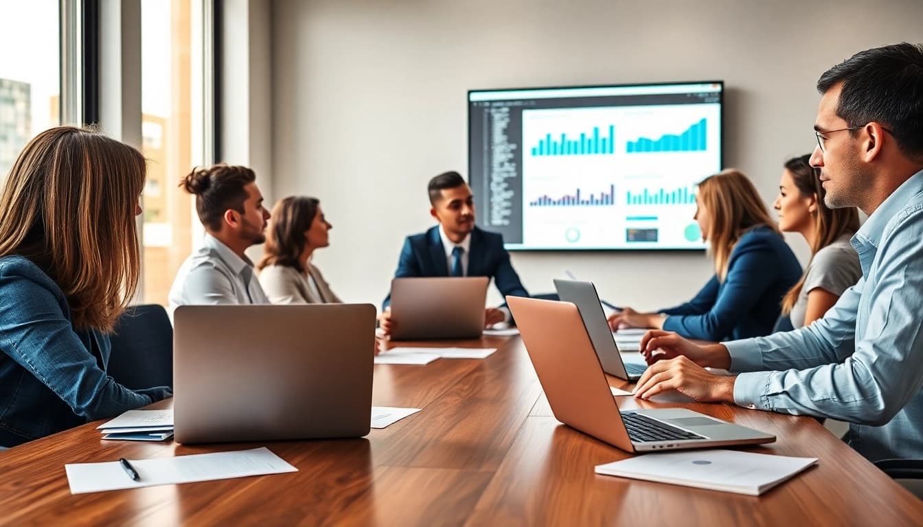 Team analyzing b2b competitive intelligence during a business meeting with data visualizations.