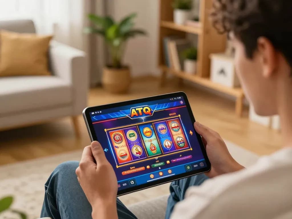 Engaging in online gambling with the ATQ app on a tablet in a cozy home setting.