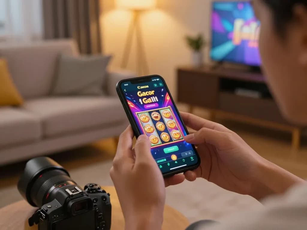 Pemain yang terlibat menggunakan aplikasi mobile untuk slot gacor dengan grafik permainan yang cerah dan suasana yang nyaman