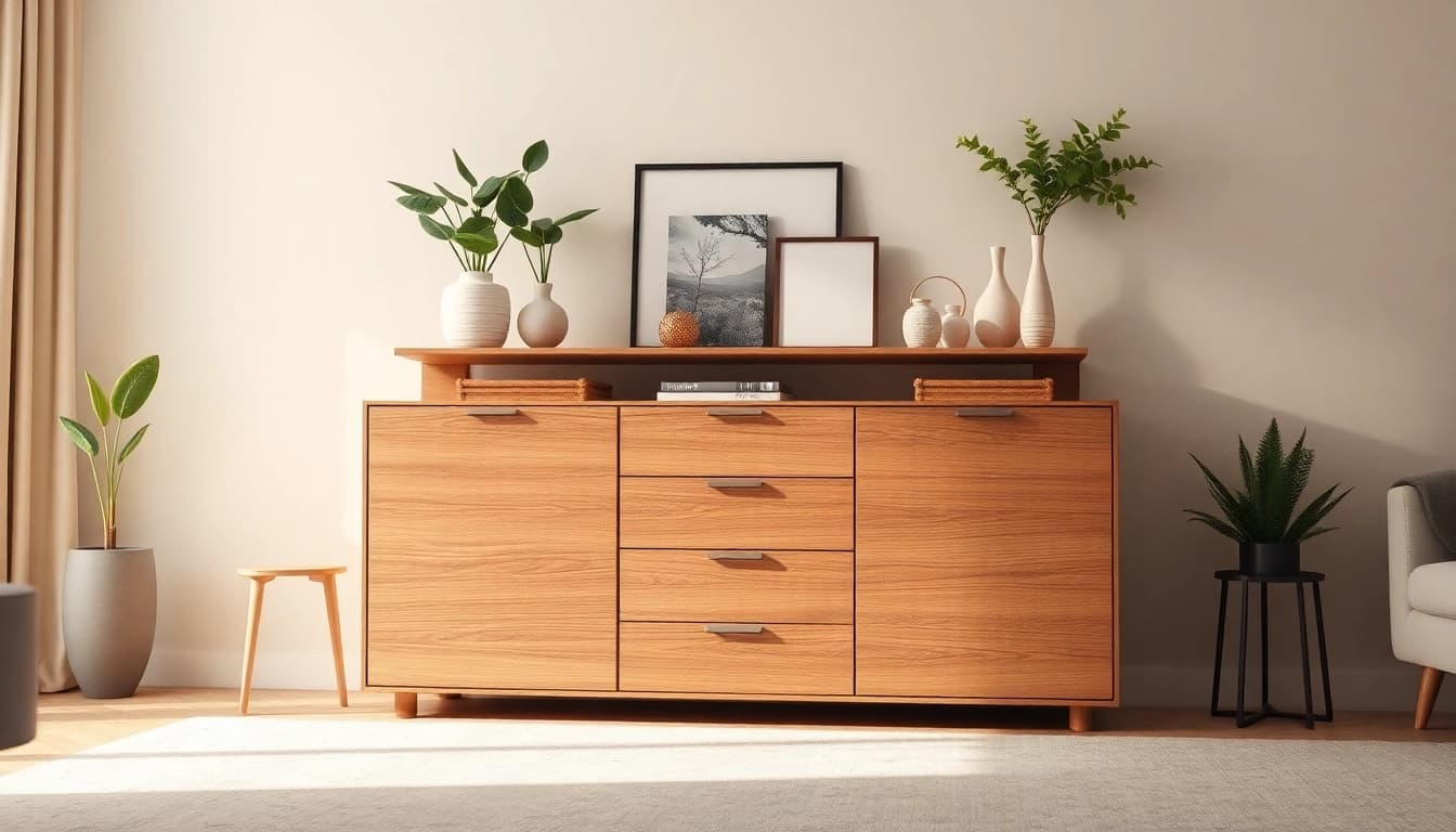 Stylish storage cabinet features elegant design in a contemporary living room.