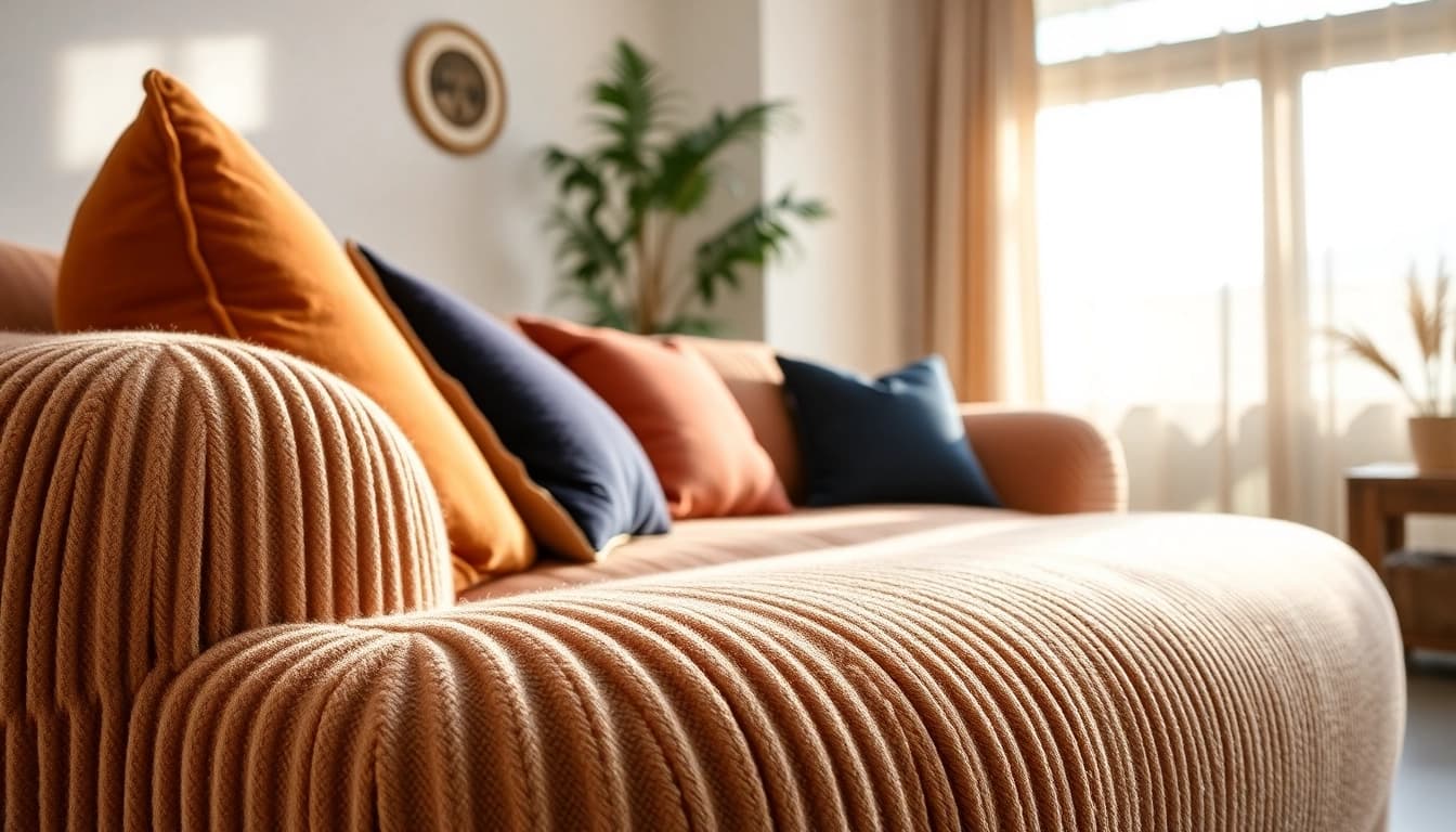 Verken de textuur en veelzijdigheid van ribcord stof in een gezellige woonkamer.