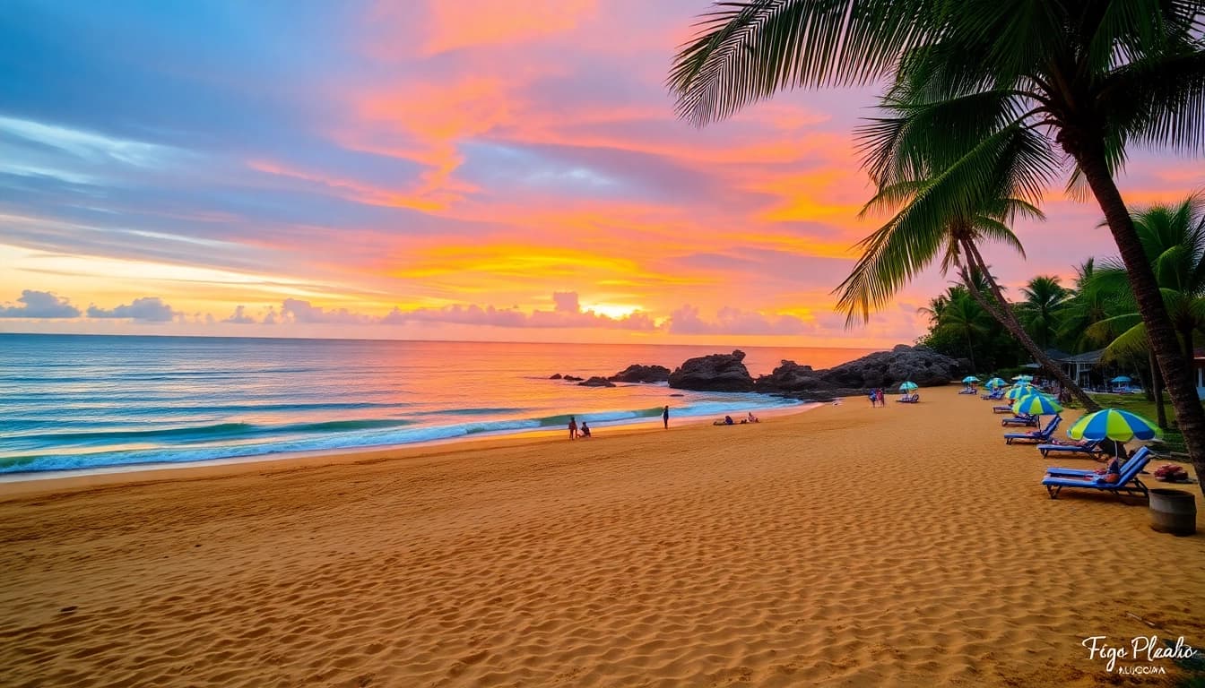 Pôr do sol relaxante na praia de Paripueira, Alagoas, com cores vibrantes e atmosfera convidativa.
