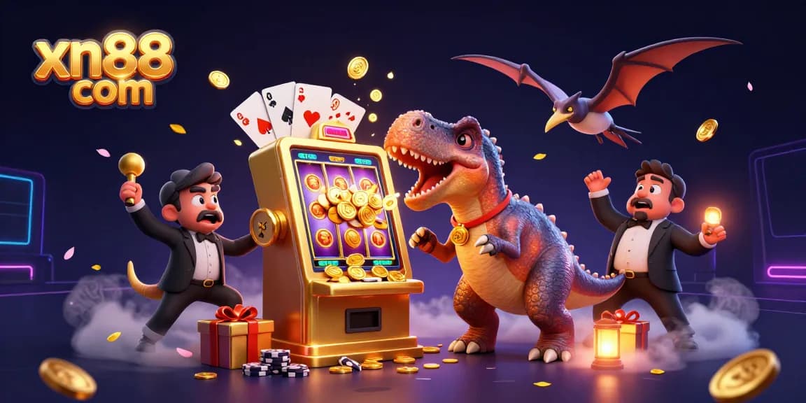 Experience thrilling jackpots at xn88 com as the pachycephalosaurus celebrates victories with coins raining down.