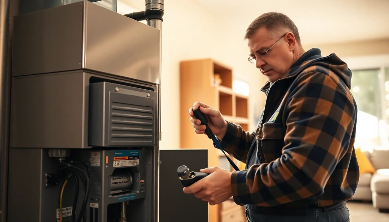Technician performing heating repair north vancouver in a cozy residential setting.
