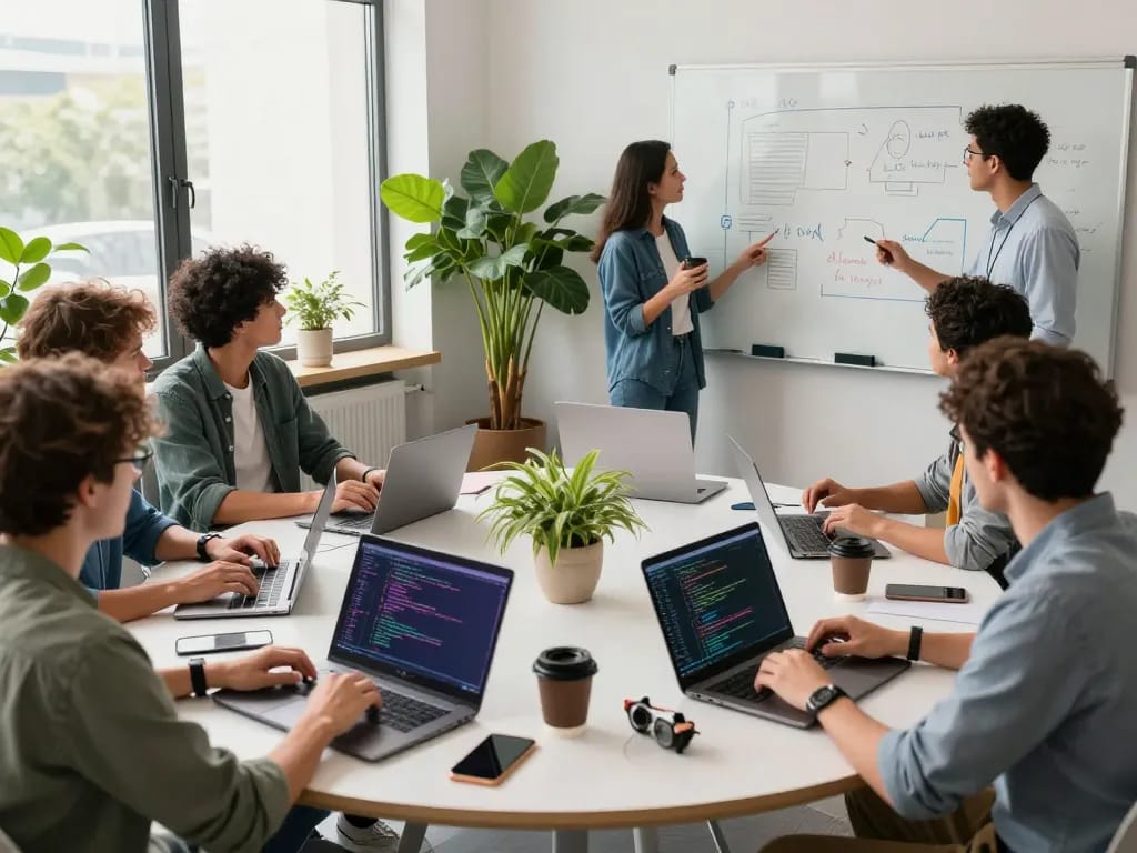 Team collaboration in a modern tech workspace focused on Whynotvibe software development.
