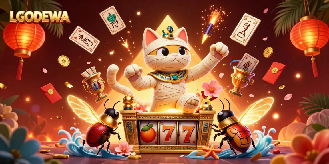 Experience winning thrills with LGODEWA as a 3D cartoon mummy cat joins a vibrant casino scene filled with jackpots.