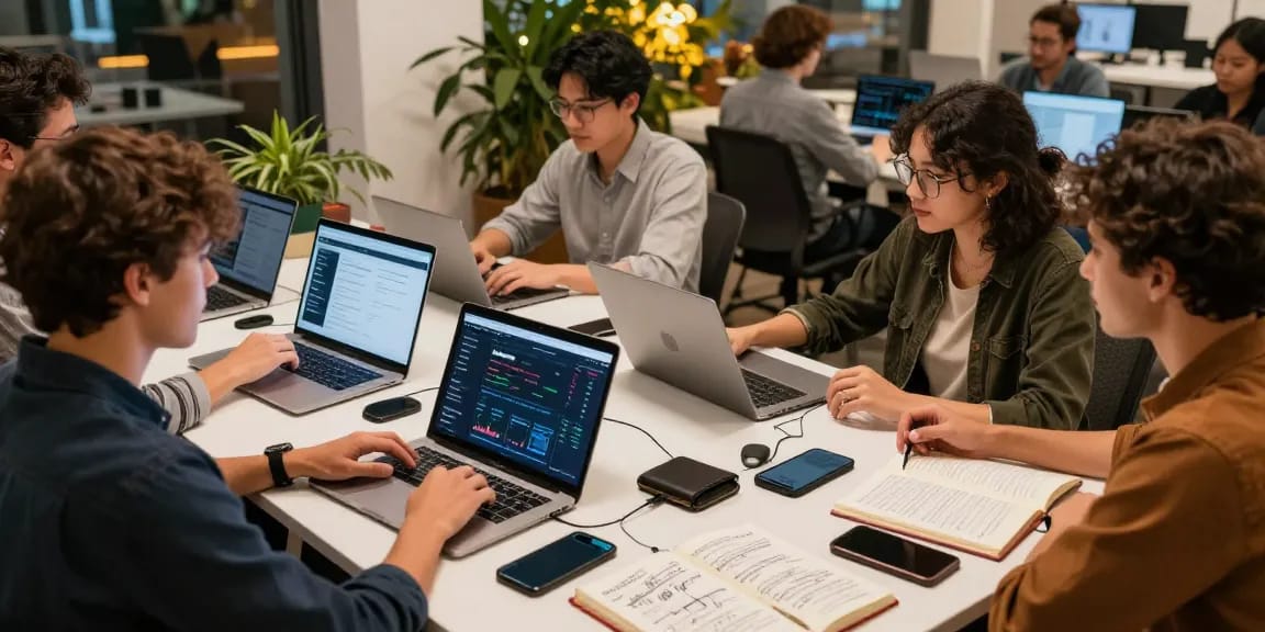 Legit cloud mining platform in a collaborative crypto workspace with professionals analyzing blockchain data and using digital wallets.