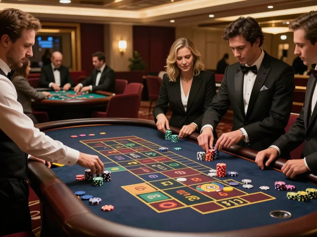 Players eagerly placing bets at the roulette table in an upscale gaming area at cootersbackyardbarandgrill.