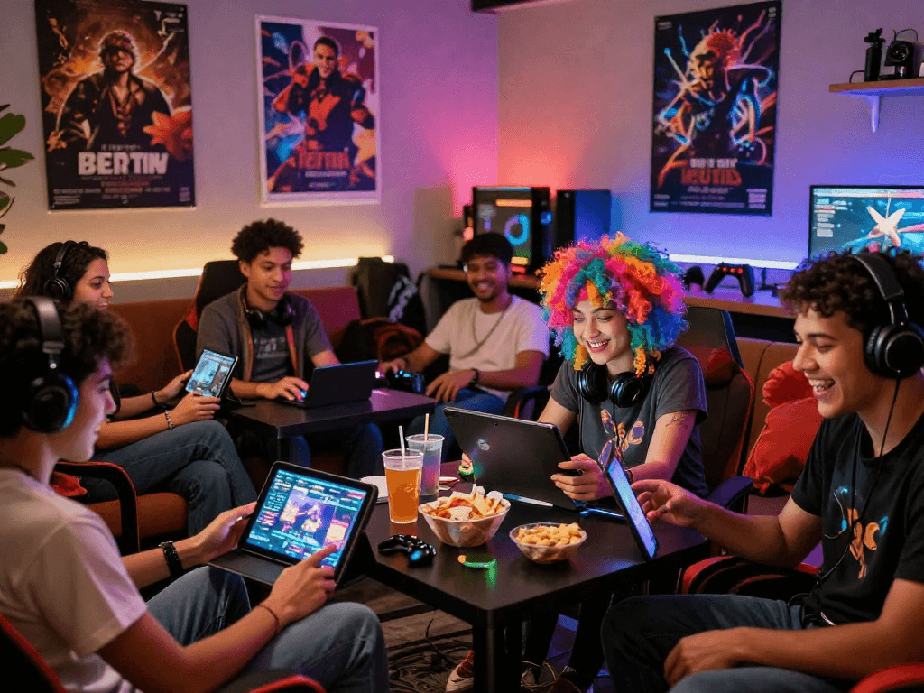 Group of gamers enjoying HTML porn games in a cozy lounge with colorful lights