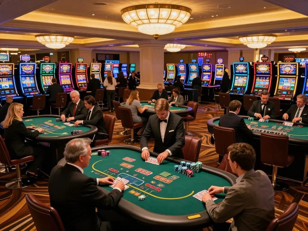 Players strategizing at blackjack tables in an upscale casino venue, hnoslara experience enhancing their gameplay