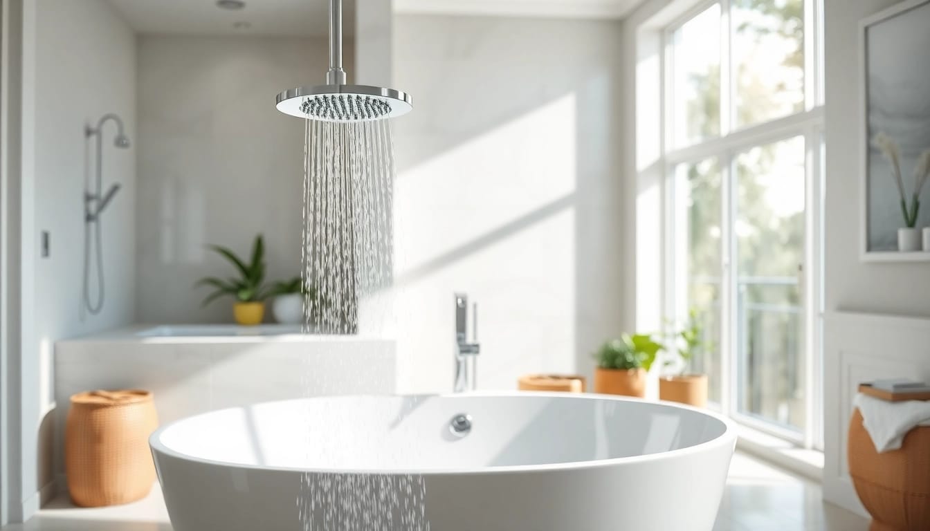 Elevated view of a modern sunny shower setup featuring sleek chrome and elegant tile.