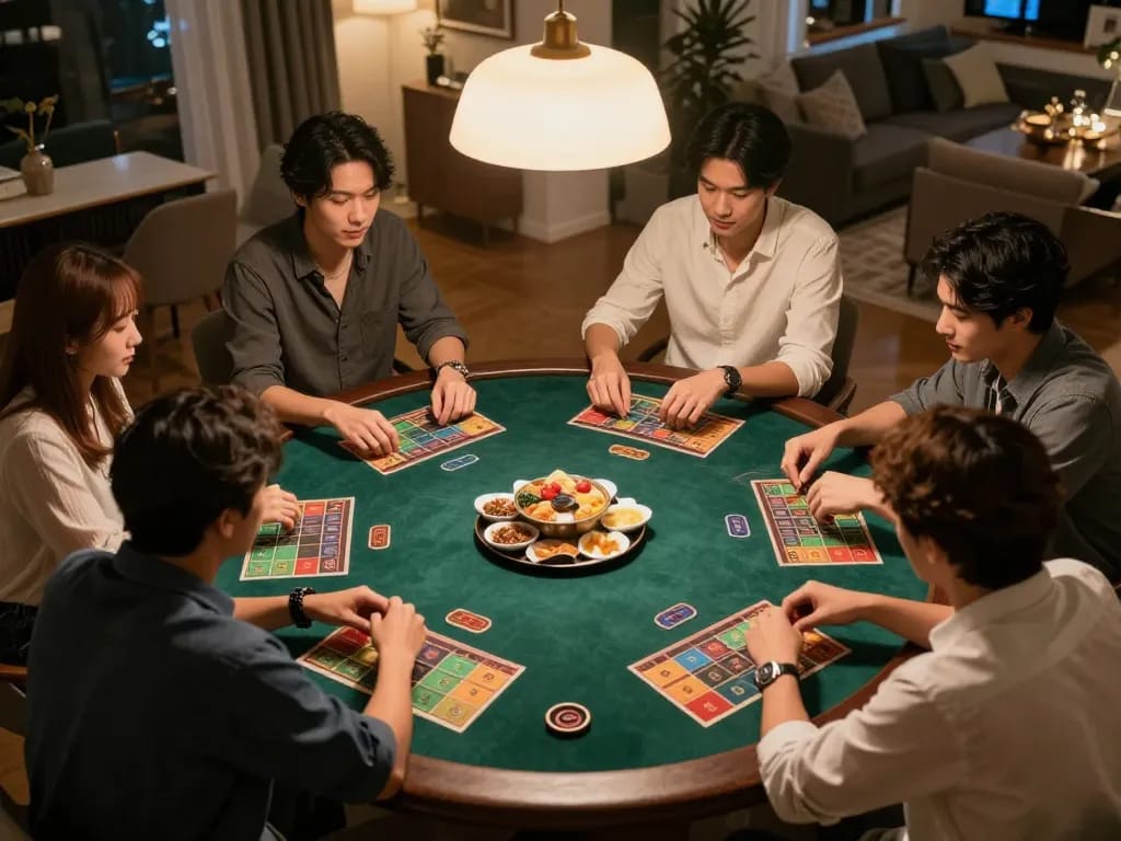 Friends enjoying a lively lô đề game night with warm lighting and snacks visible, fostering a social atmosphere.