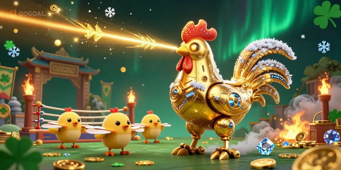 Engage in vibrant gaming with LGOGOAL as golden rooster robot leads baby chicks in a lively casino scene.