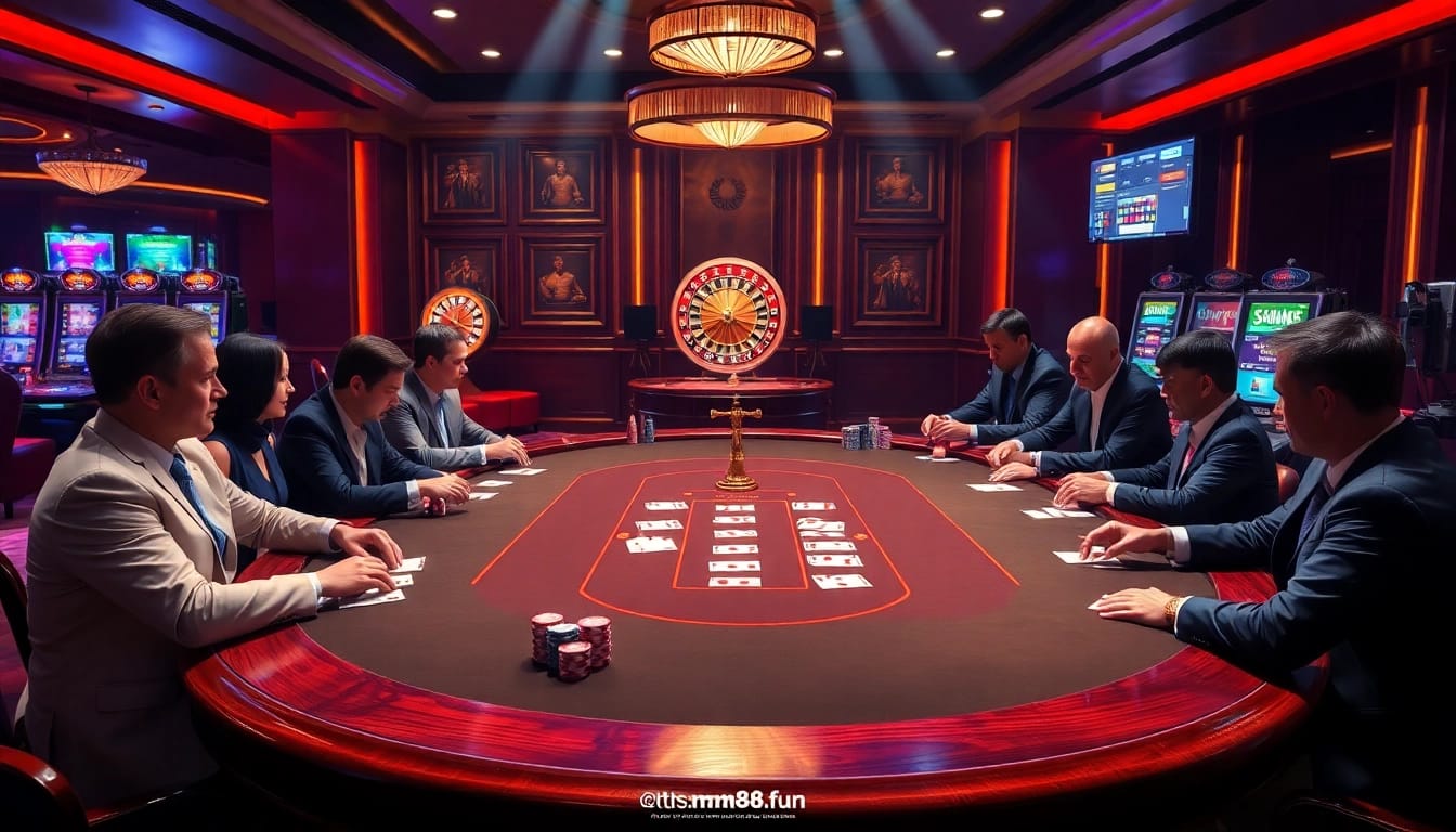 Engaged players at a poker table showcasing the excitement of gambling on https://mm88.fun/ with vibrant casino elements.