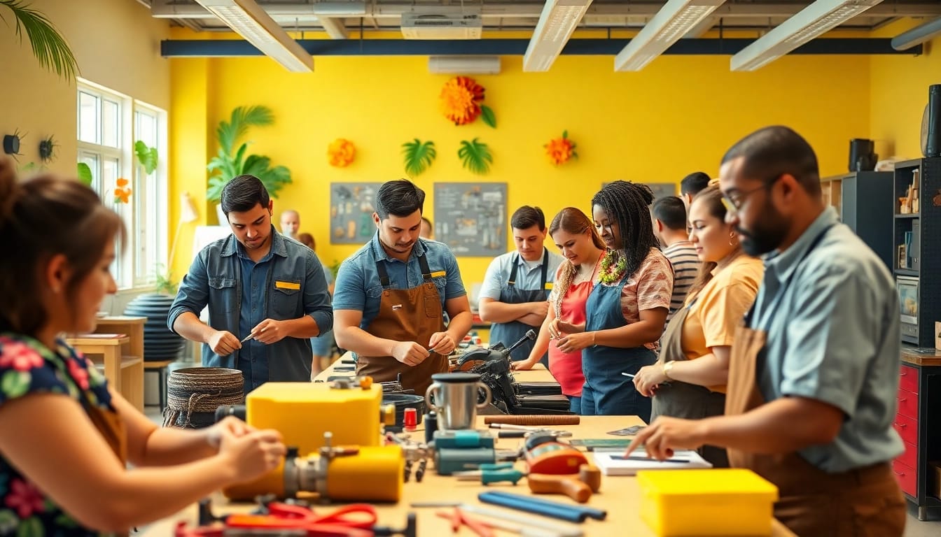 Students exploring hands-on learning at hawaii trade schools in a bright, collaborative environment.