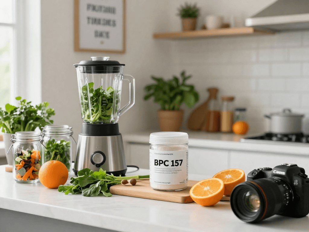Juicing fresh ingredients while highlighting BPC 157 benefits in a vibrant kitchen.