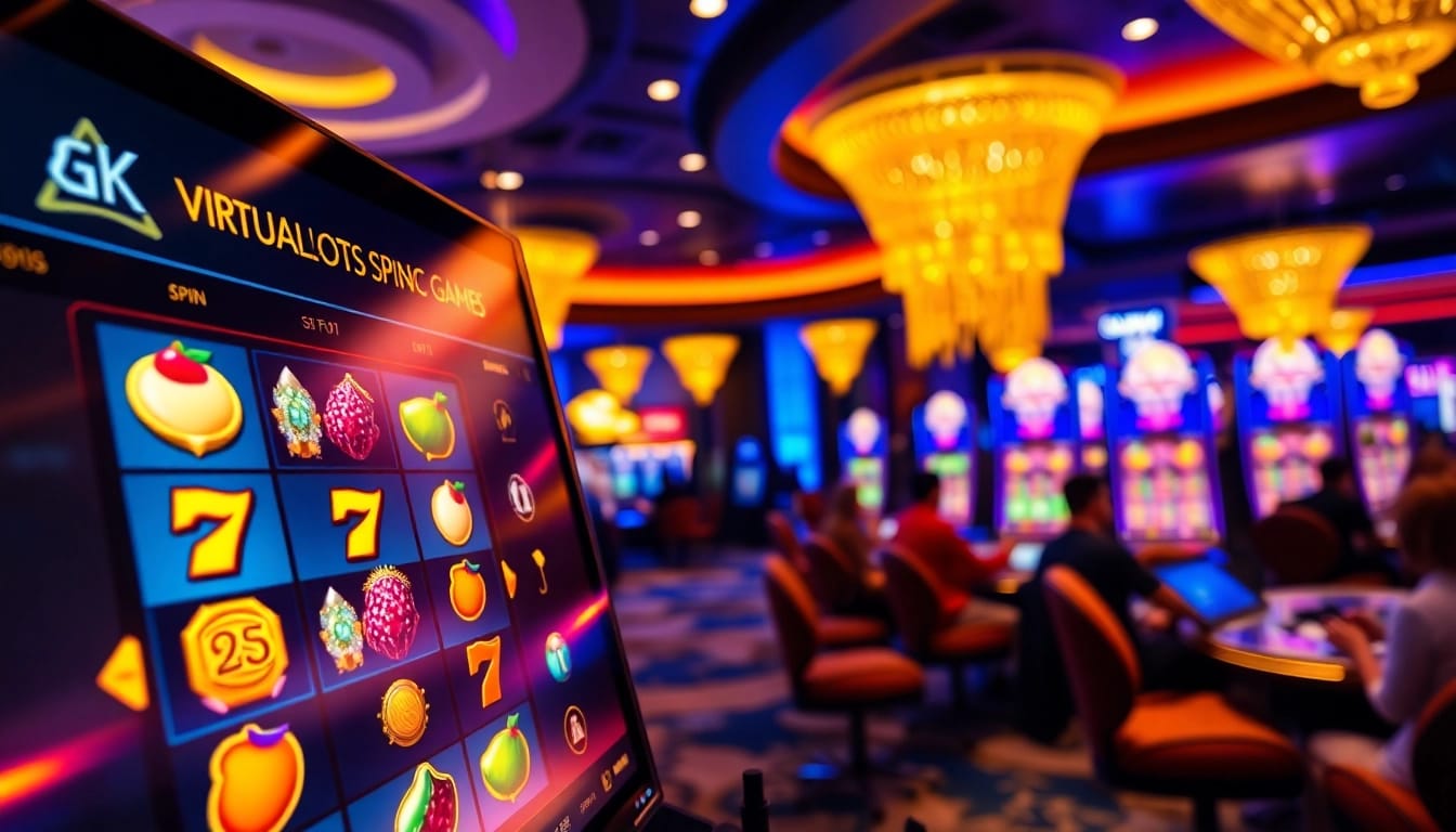 Engaging scene featuring users playing diverse Online slots Uk games in a vibrant casino backdrop.