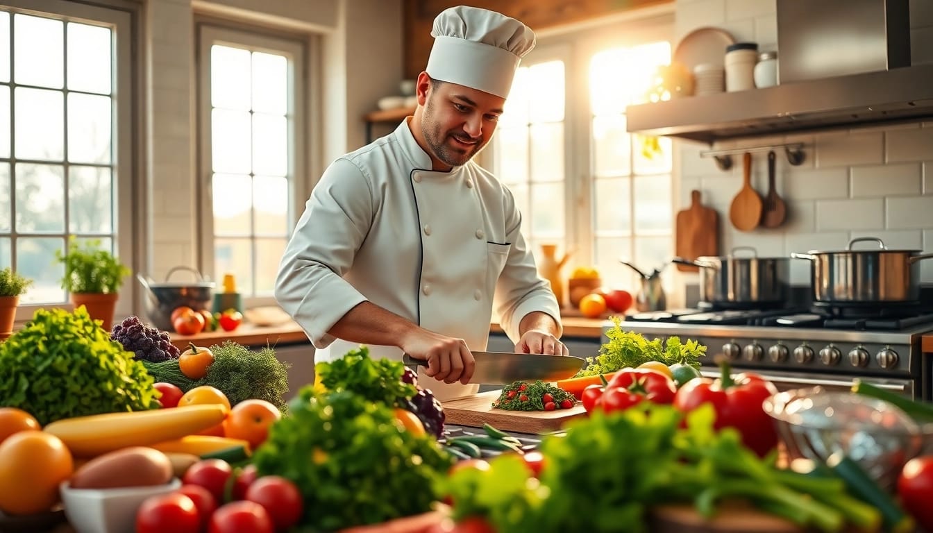 Discover interesting dish facts with a chef preparing fresh ingredients in a vibrant kitchen.