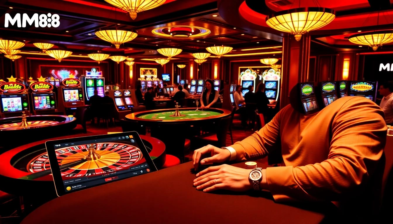 Experience thrilling casino action at MM88 with vibrant poker tables and engaging slot machines.