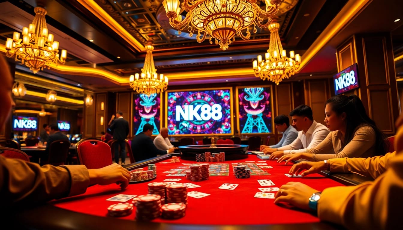 NK88 players strategizing at a glamorous poker table in a luxurious casino atmosphere