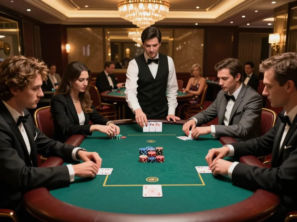 Players at a poker table celebrate DU88 win in an upscale casino, showcasing strategic gaming atmosphere.