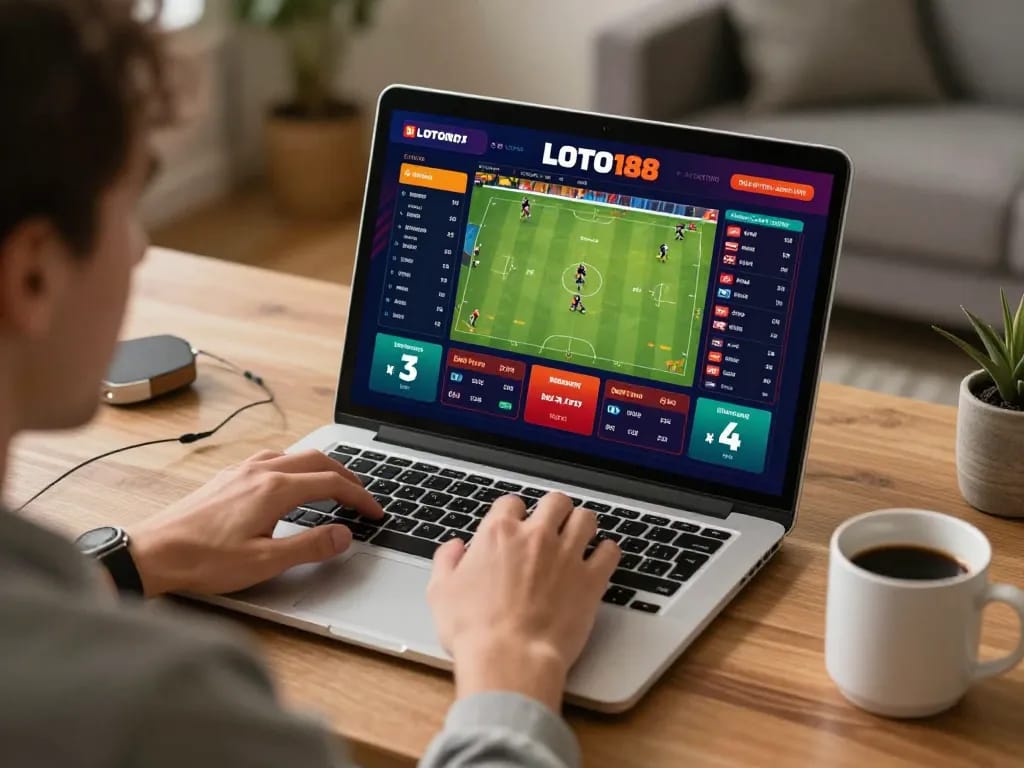 Experience the excitement of LOTO188 TRANG CHỦ with a player engaged in online sports betting at home.