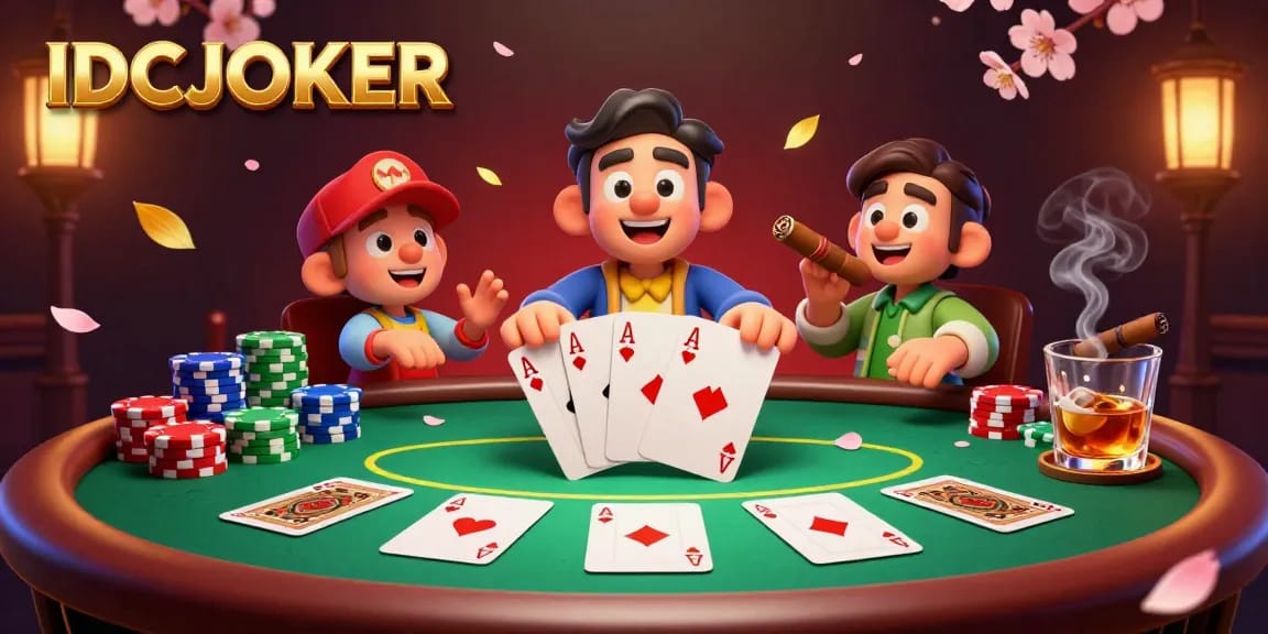 Experience thrilling gameplay with IDCJOKER at a vibrant poker table featuring festive visuals and chips.