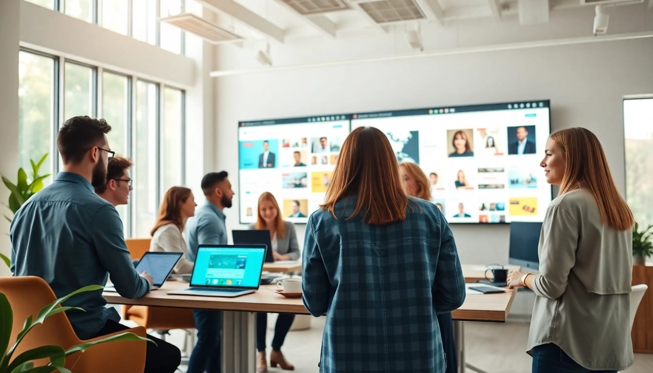 Showcasing a creative team at a web design company collaborating on vibrant projects.