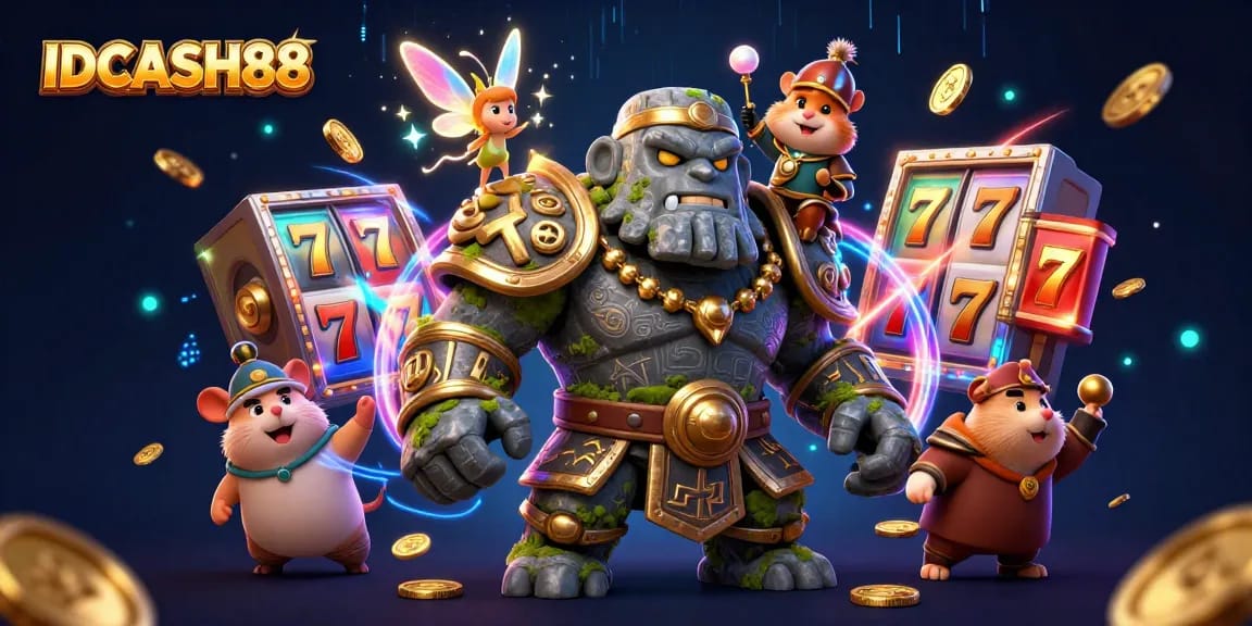 Experience the excitement of IDCASH88 with interactive slot gameplay and magical characters in a vibrant casino scene.