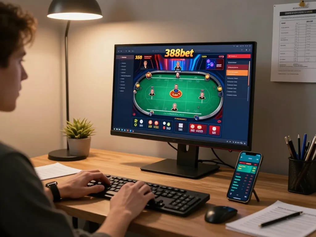 Engaging in strategic poker gameplay on 388bet's online platform with modern home office setup.