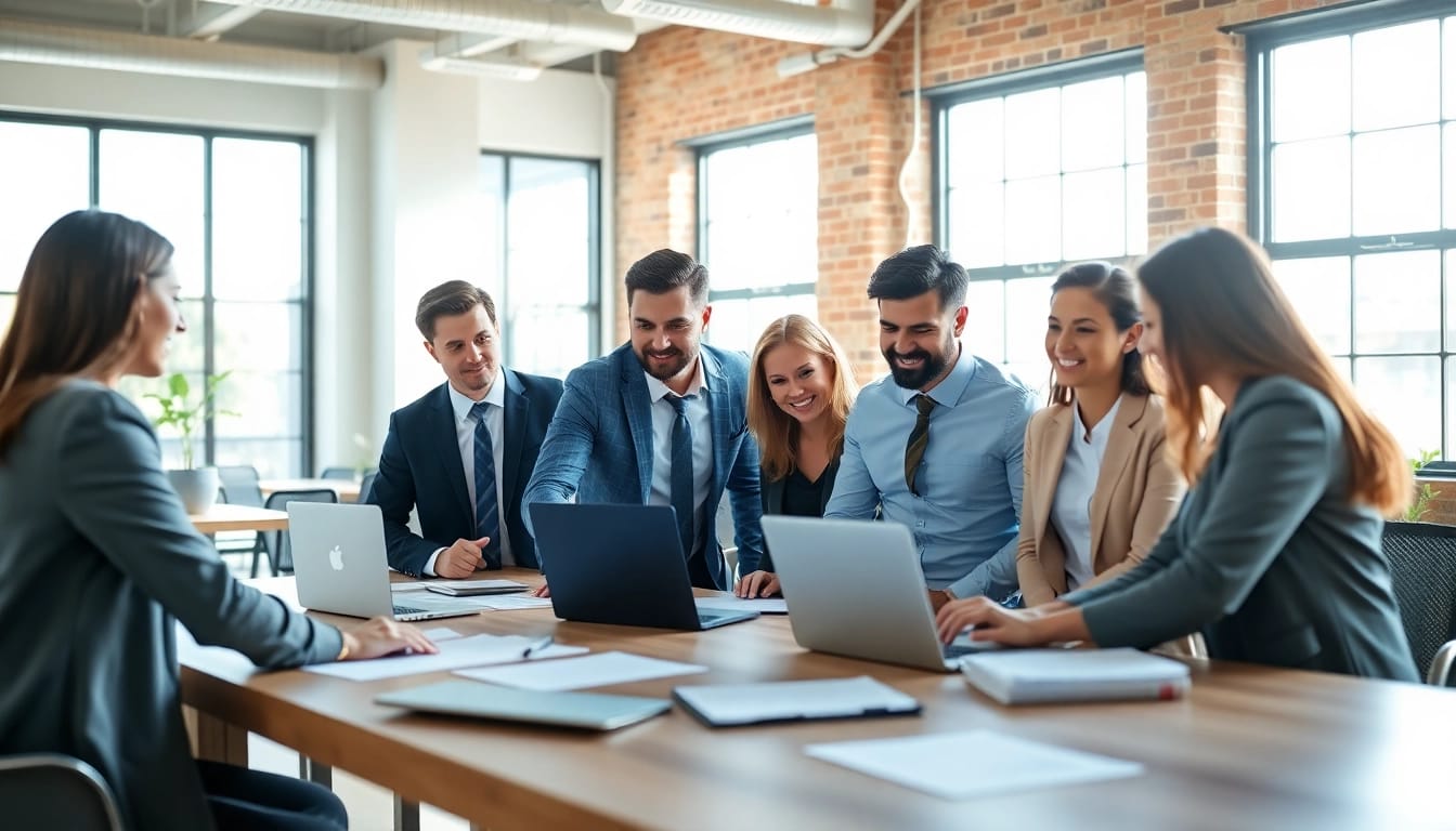 Engaging teamwork reflecting US startup support in a bright, modern office setting.