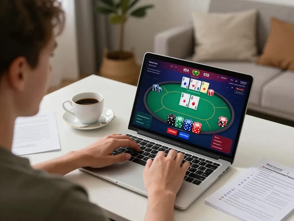 Player engaging in GEM88 online poker strategy at home, demonstrating responsible gambling.