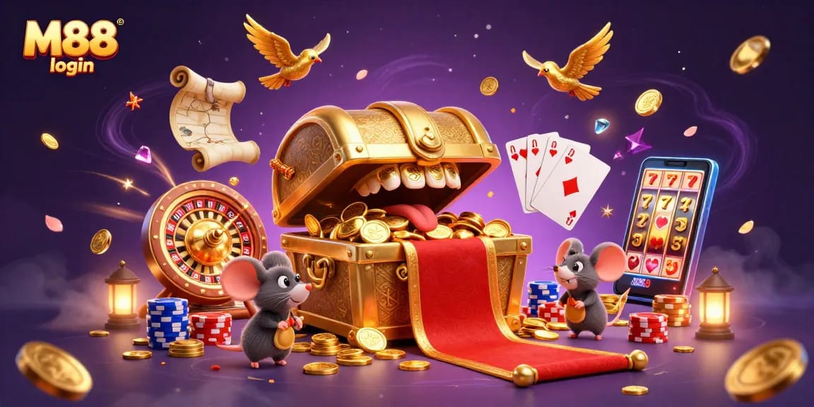 Experience the thrill of M88 login with iconic treasure elements and vibrant casino action.
