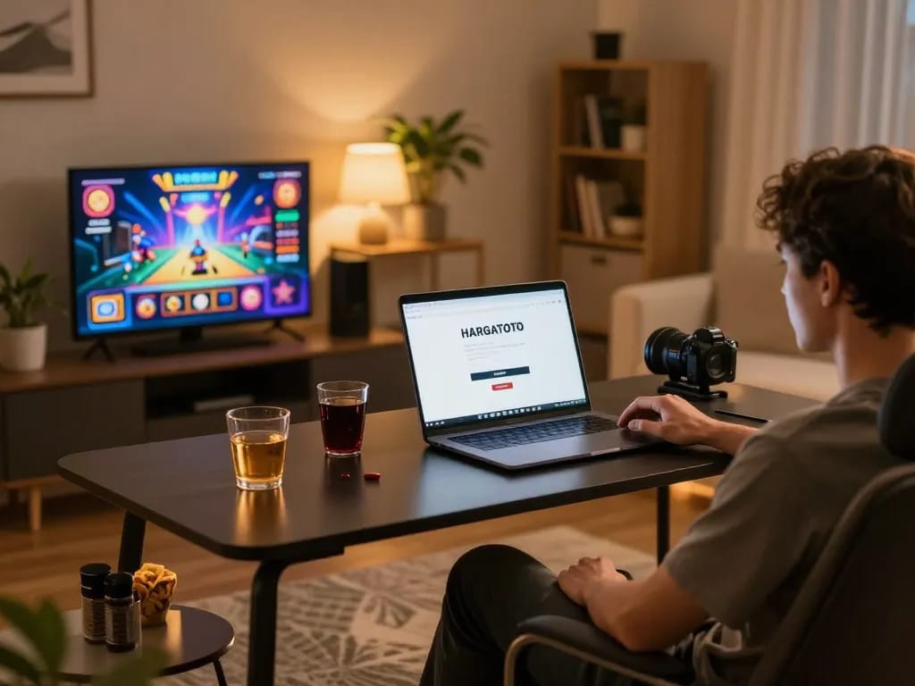HARGATOTO login in a cozy home gaming setup with warm lighting and a player engaged