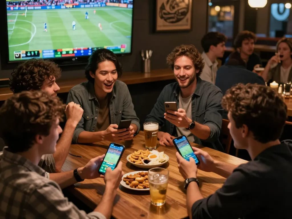 PUB88 sports betting excitement with friends at a lively bar, cheering their teams on