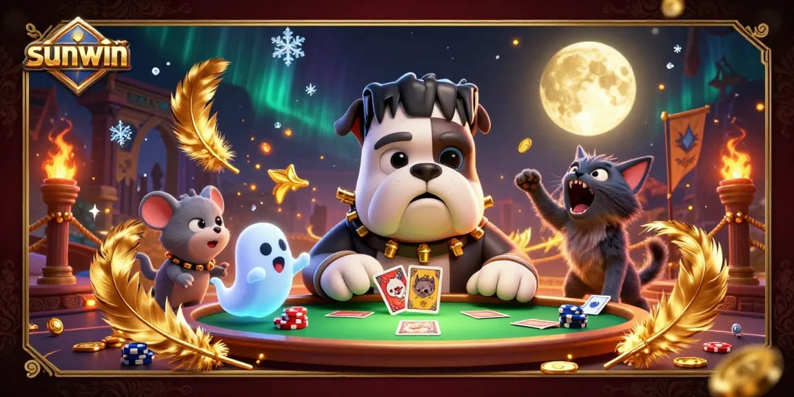Sunwin showcases a thrilling scene with a bulldog monster dealing cards while a ghost mouse floats amidst chips.