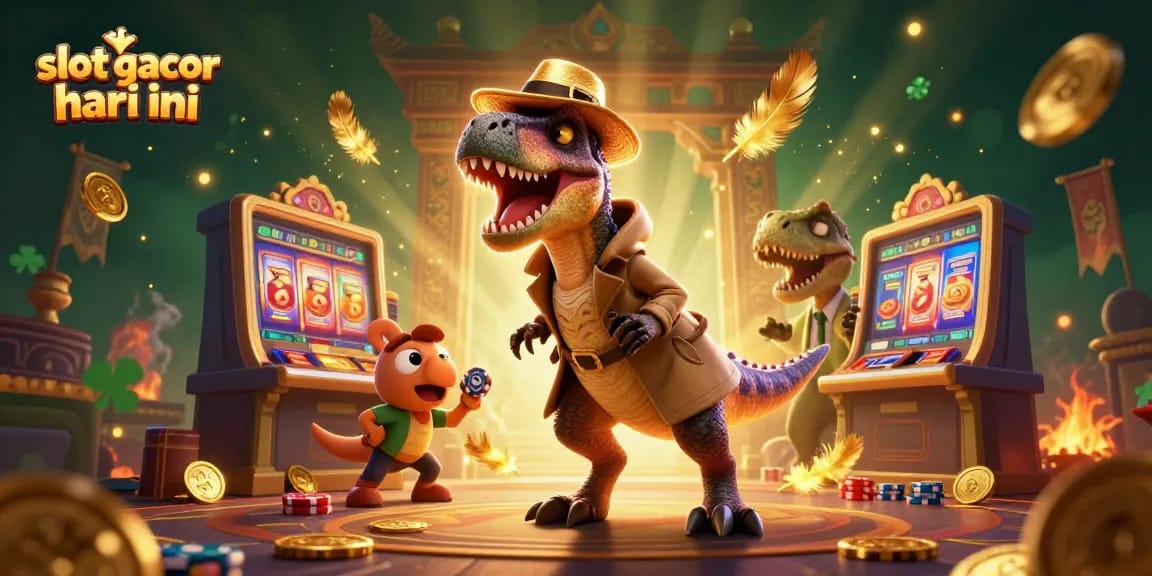 Engaging scene of slot gacor hari ini with cartoon velociraptor and stegosaurus at a slot machine