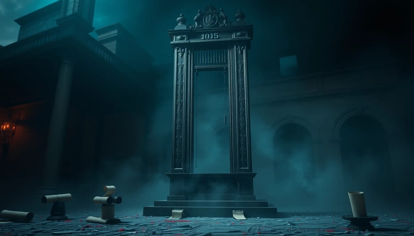 A historical guillotine representing the guillotine origin phrase in a dark, atmospheric setting.