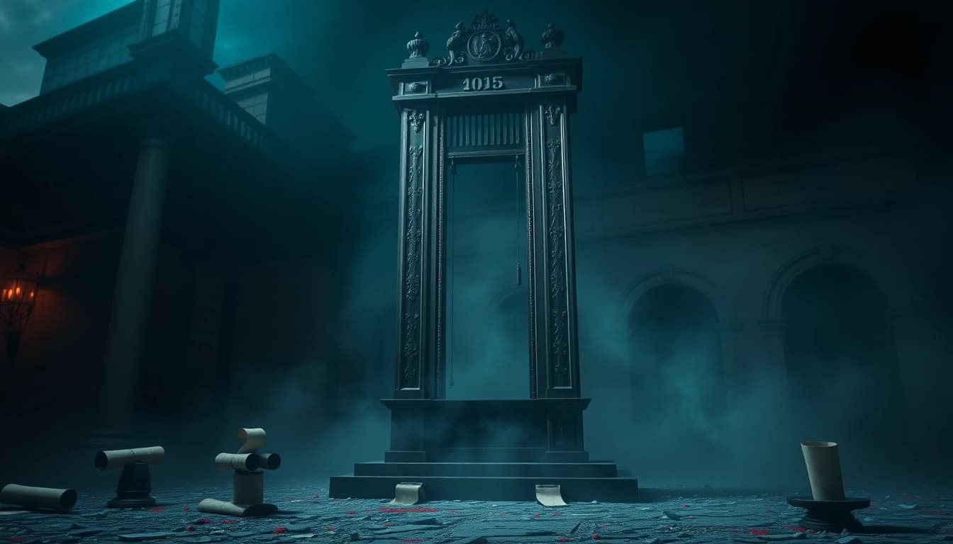 A historical guillotine representing the guillotine origin phrase in a dark, atmospheric setting.