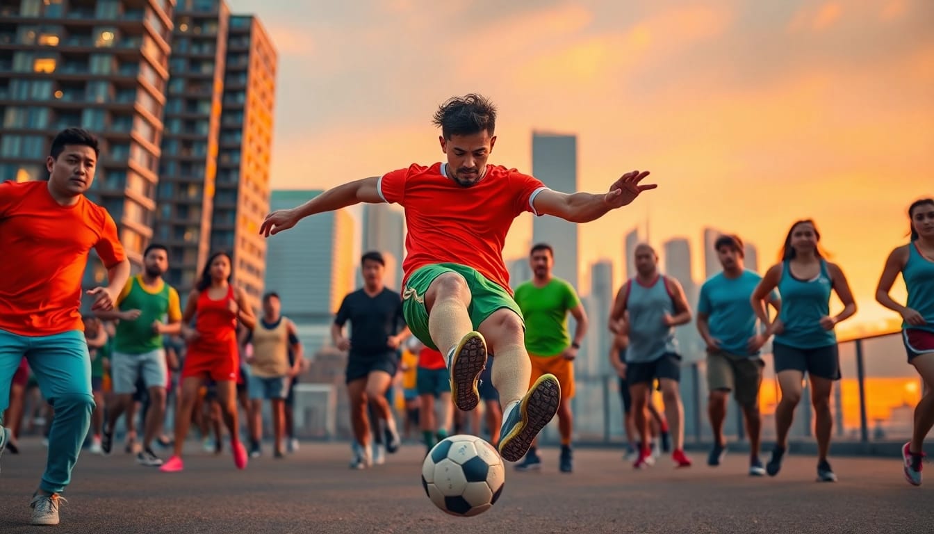 Todo deporte: atleta practicando diversos deportes en un ambiente urbano vibrante.