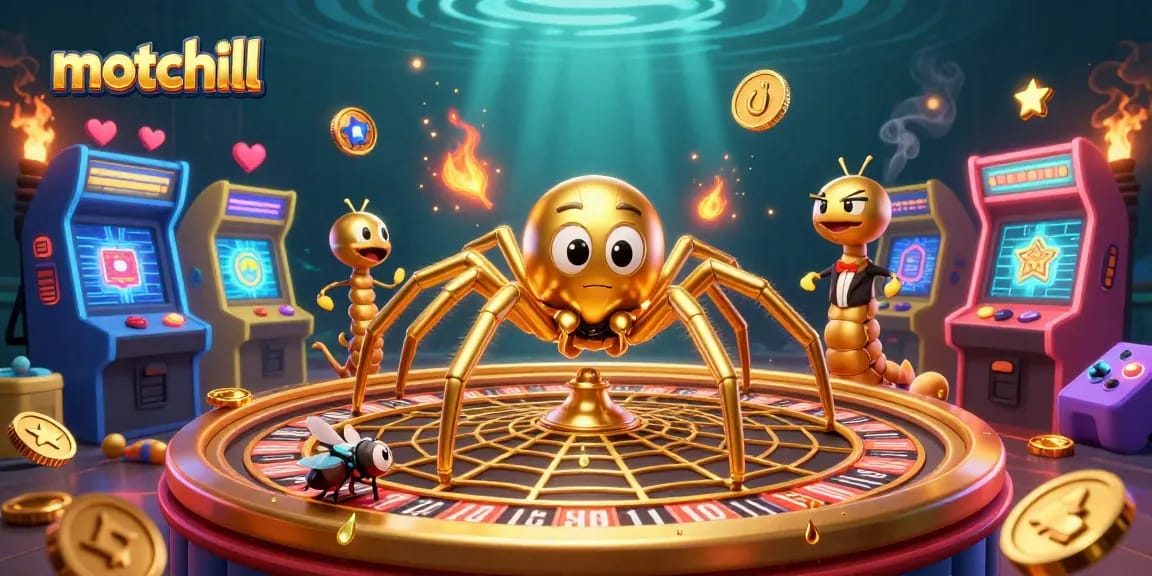 Spin the roulette wheel at motchill with a thrilling 3D casino scene featuring a golden spider and centipede croupier.
