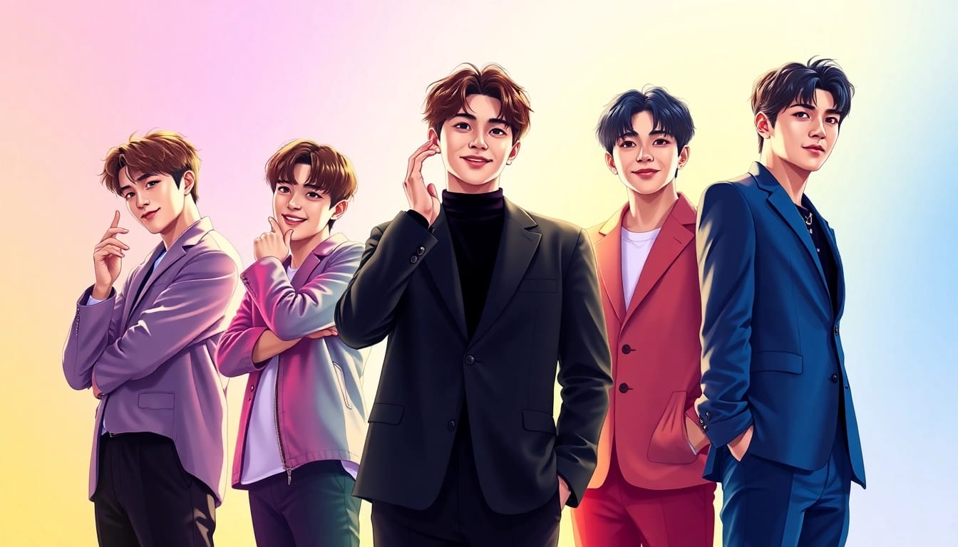 Dynamic visual of BTS members showcasing their versatility and charm through distinct poses and expressions.