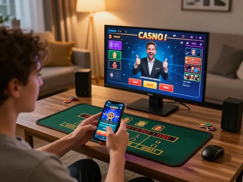 Engaging with RR88 app on mobile in a cozy home setting, emphasizing online gambling.