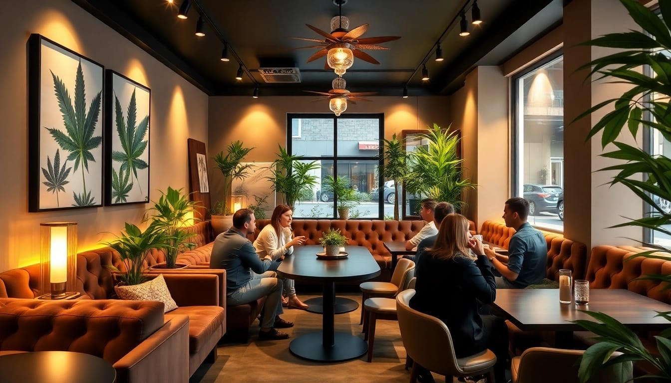 Kreative Atmosphäre im cannabis club hamburg mit entspannten Gästen und stilvollem Ambiente.