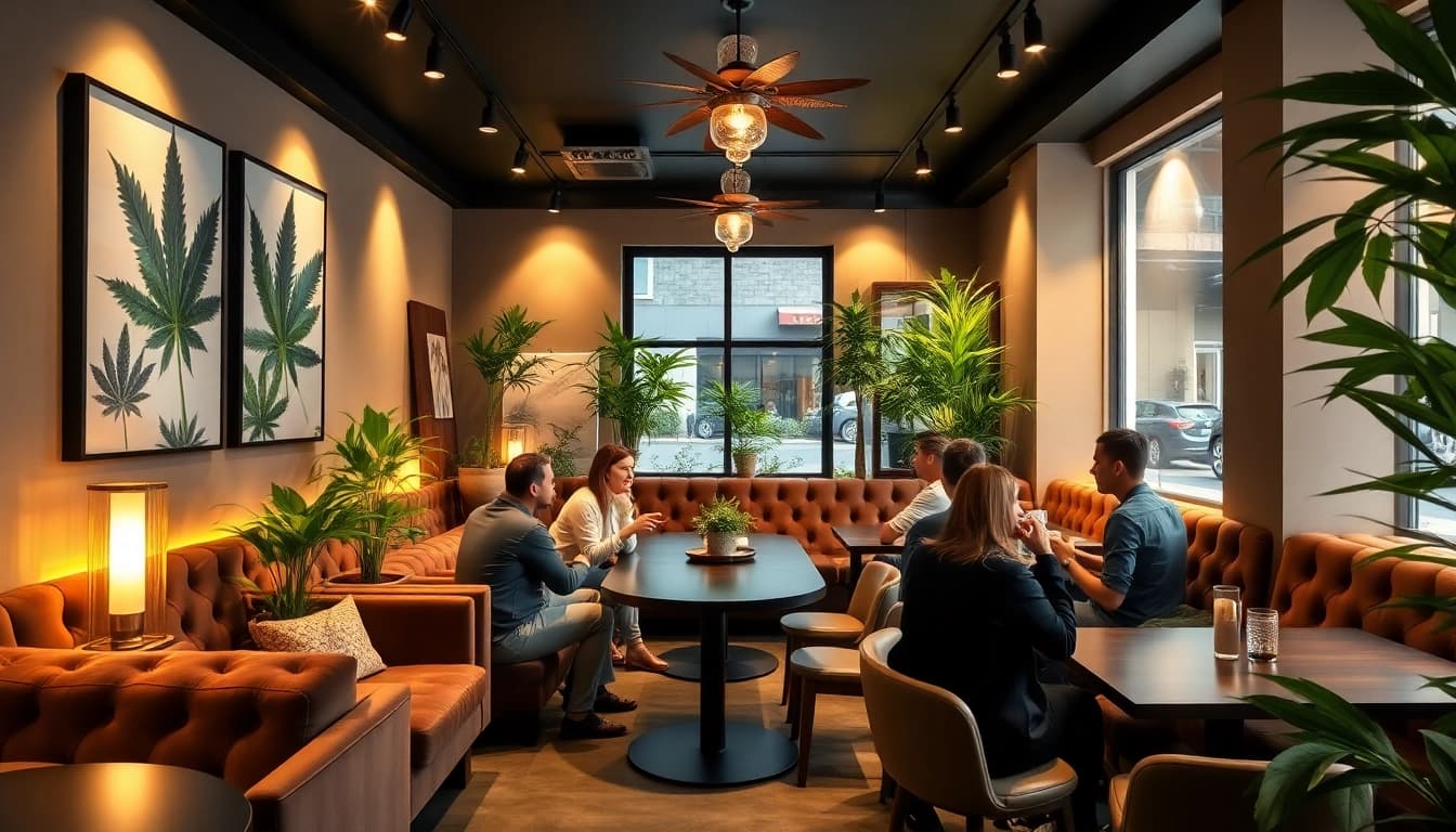 Kreative Atmosphäre im cannabis club hamburg mit entspannten Gästen und stilvollem Ambiente.
