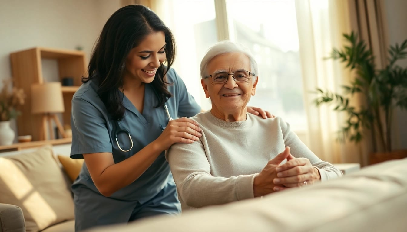 Elderly in home care near me showcasing compassionate caregiver helping senior in a cozy home environment.