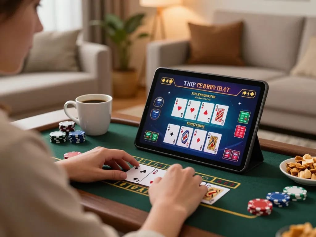 Engaged player enjoying live dealer blackjack at home with Nhà cái GEM88 on tablet, cozy atmosphere.